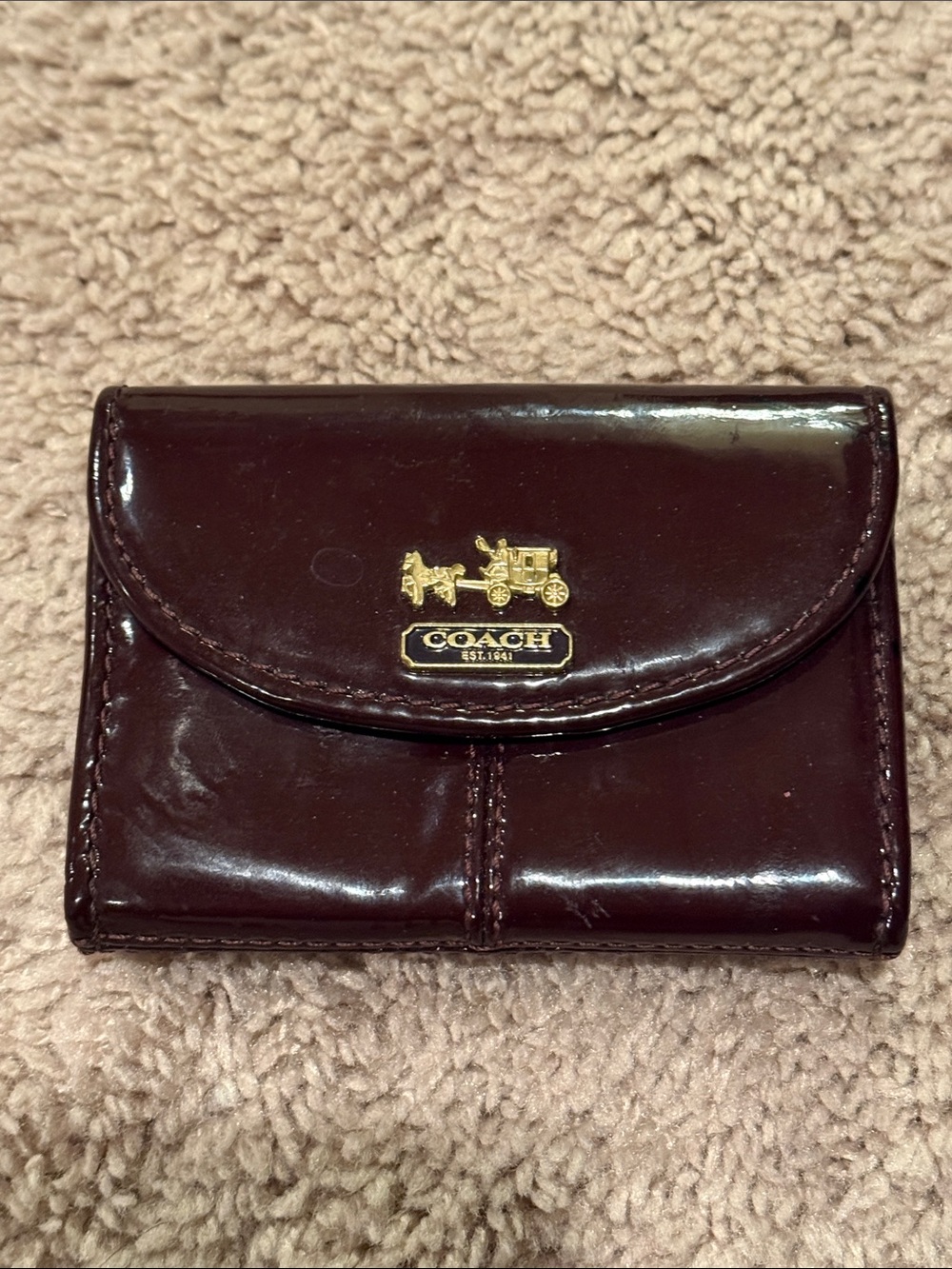 Coach Glossy Patent Madison Mini Wallet Card Case Burgundy with Gold Hardware